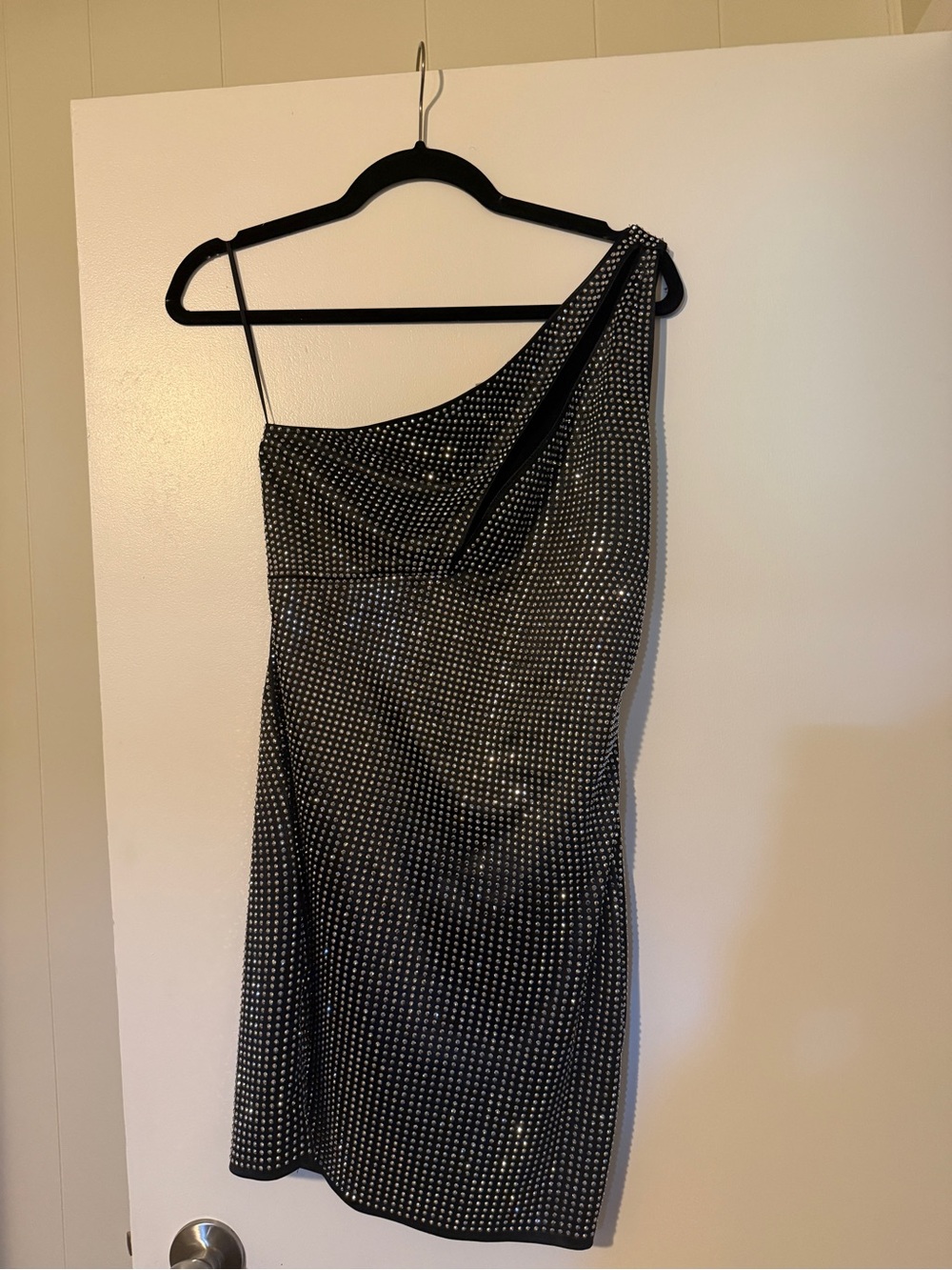 Bear Dance One-Shoulder Black Dress with Silver Stud Detail